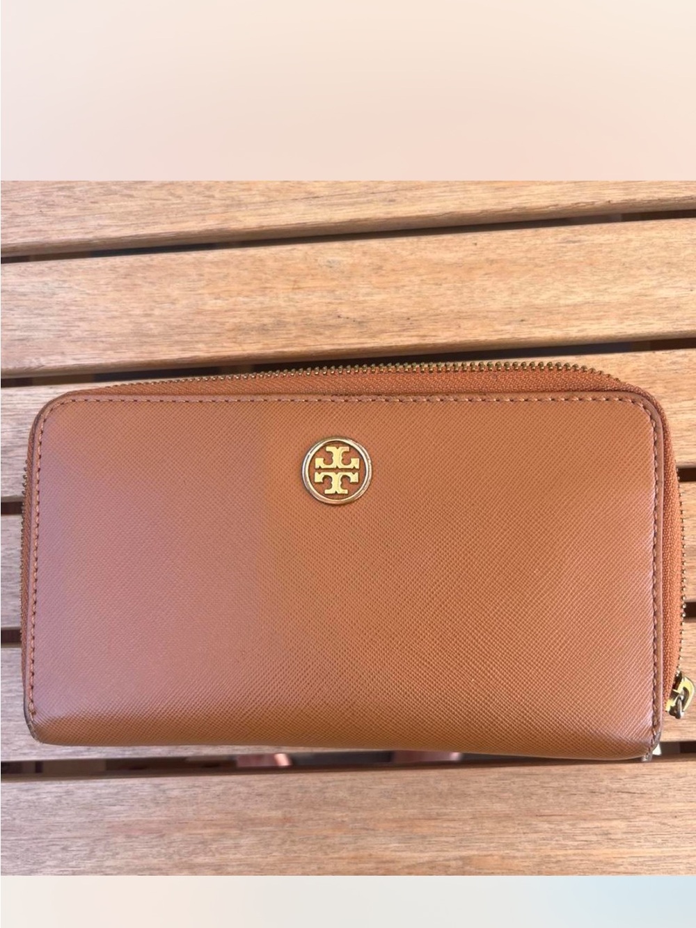 Tory Burch Saffiano Zip-Around Wallet in Cognac with Gold Logo